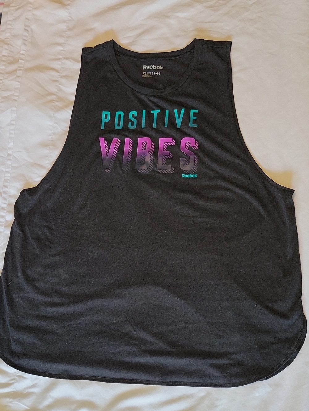 Reebok Black Tank Top with Teal and Magenta 'Positive Vibes' Graphic